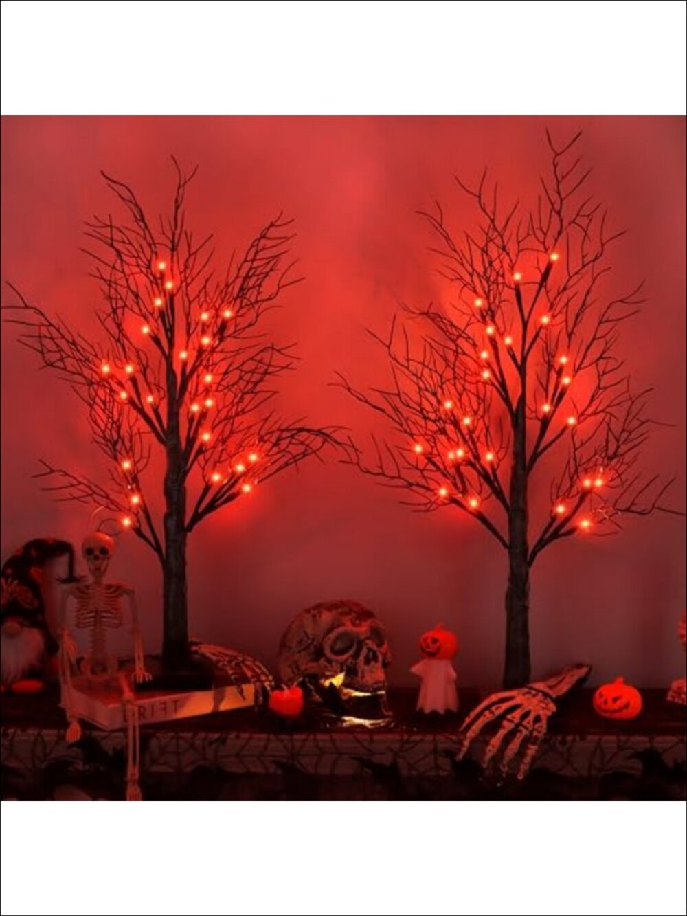 2 Pack 24 Inch Lighted Halloween Tree Tabletop Spooky Decor Timer USB